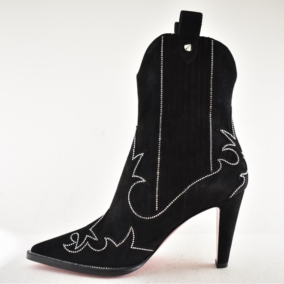 Christian Louboutin Santigag Strass 85 Black Suede Western Ankle Heel Boot 40 - Picture 13 of 16